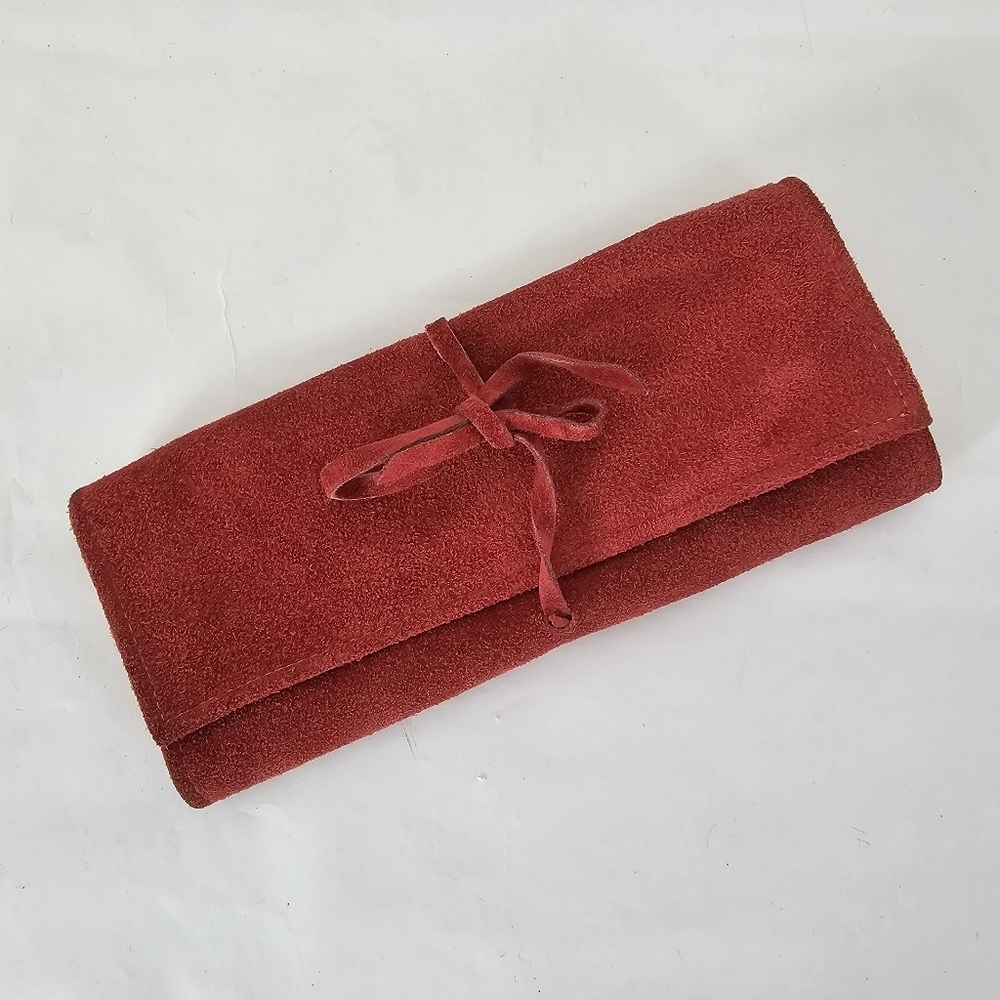 Rust Suede Leather Jewelry Pouch Roll Travel Bag
